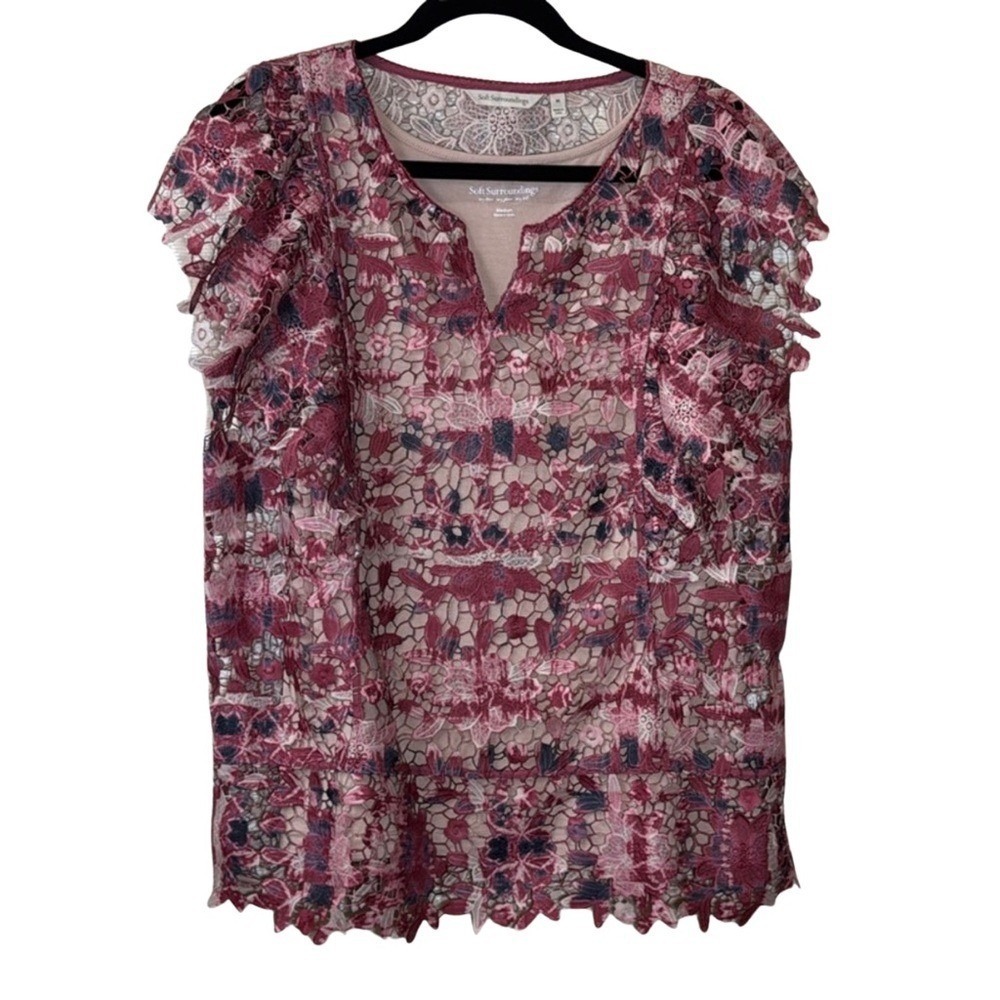 Soft Surroundings Floral Lace Overlay Top Mauve Burgundy V-Neck Set Medium